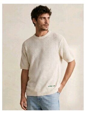 Zara Sweater Men Size Medium Ivory Open Knit Short Sleeve Crochet Knit Crewneck